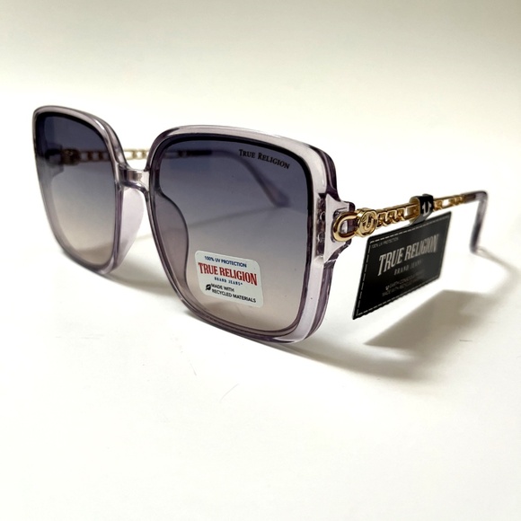 New Original TRUE RELIGION Oversized Square Sunglasses Clear Purple Acetate Gold - Picture 1 of 6